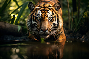 A Sumatran Tiger Slips Into The Water Stealthily - obrazy, fototapety, plakaty