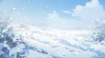 Fototapeten Field Winter Snow Flowers Reed Cattail Anime Cartoon Watercolor © Anatoly Shapoval