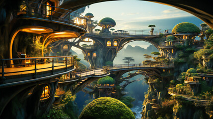 An elven city suspended in the treetops