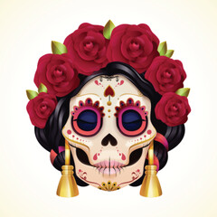 Mexican female skull. 3d day dead catrina woman skeleton, dia de muertos face makeup for halloween celebration festival costume in sugar skulls style, exact vector illustration