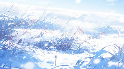 Field Winter Snow Flowers Reed Cattail Anime Cartoon Watercolor