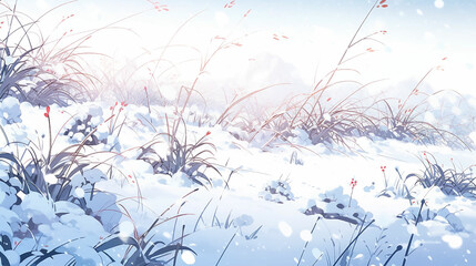 Field Winter Snow Flowers Reed Cattail Anime Cartoon Watercolor