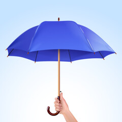 Hand hold umbrella. Realistic umbel in hands, man holding parasol for rain storm weather or thunderstorm protect outdoor, insurance coverage concept 3d exact vector illustration - obrazy, fototapety, plakaty