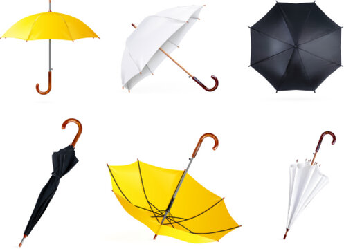 Realistic umbrella. Waterproof umbel, 3d black white yellow fabric umbrellas blank mockup, inverted parasol for advertising weather rain outdoor isolated exact vector illustration