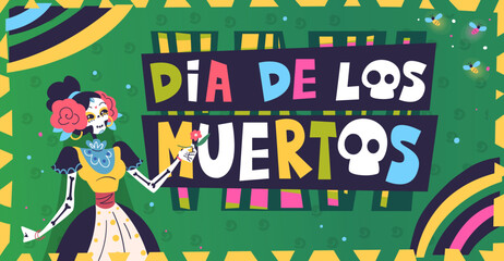 Catrina banner. Woman skeleton in mexican flowers hat, day of dead altar dia muertos halloween party celebration, festival death sugar skull art classy poster vector illustration