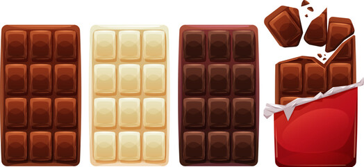Obraz premium Unwrapped chocolate bars. Dark milk and white choco bar, bite broken square slabs with crumbs, cocoa product for baking diet food, cacao black candy garish vector illustration
