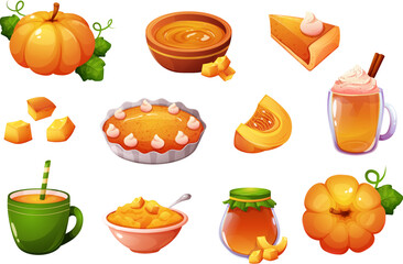 Pumpkin dishes. Cooked pumpkins dish, porridge vegetable piece sweet drink with cinnamon pie puree soup, seasonal harvest food on halloween fall holiday garish vector illustration