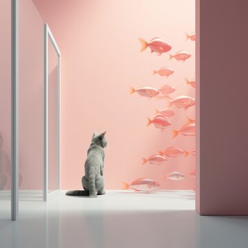 A cat looking in the flying group of goldfish. Minimal concept