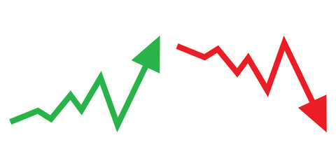 Graph going Up and Down sign with green and red arrows vector. Flat design vector illustration concept of sales bar chart symbol icon with arrow moving down and sales bar chart with arrow moving up.