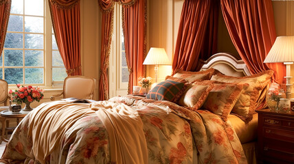 Bedroom decor, interior design and autumnal home decor, bed with silk satin bedding, bespoke furniture and autumn decoration, English country house, holiday rental and cottage style