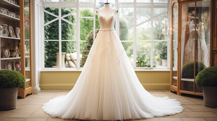 Wedding drees, bridal gown style and bespoke fashion, full-legth white tailored ball gown in showroom, tailor fitting, beauty and wedding
