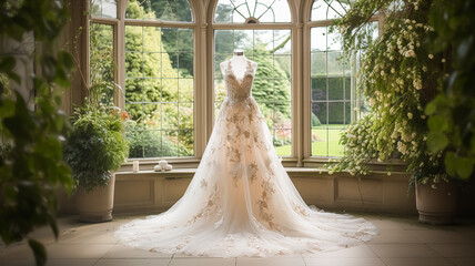 Wedding drees, bridal gown style and bespoke fashion, full-legth white tailored ball gown in showroom, tailor fitting, beauty and wedding