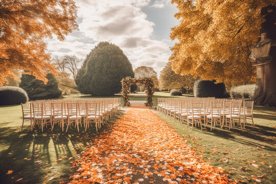 Wedding aisle, floral decor and marriage ceremony, autumnal flowers and decoration in the English countryside garden, autumn country style