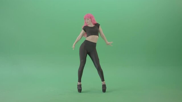 Pink hair EMO sexy girl on green screen posing and dancing 4K Video Footage