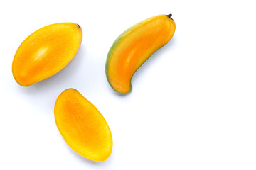 Tropical fruit, Mango on white background. Top view with copy space