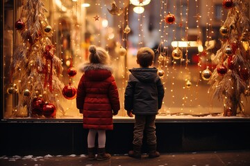 Kinder vor einem weihnachtlichen, dekorierten Schaufenster. Weihnachten in der Stadt.