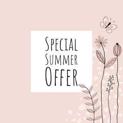 Special Summer offer - Schriftzug in englischer Sprache - Spezielles Sommerangebot. Quadratisches florales Verkaufsplakat in Rosatönen.