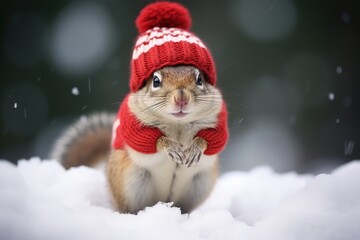 Chipmunk in snow with winter clothes like Santa Claus. Christmas style hat and sweater. Funny animals in winter.