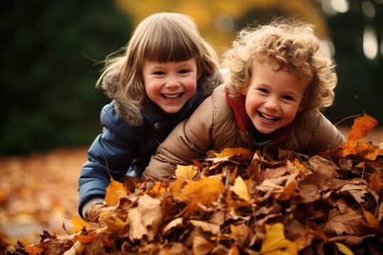 Kinder spielen mit Laub im Herbst. Herbstliche Blätter sammeln und werfen. Fröhliche Kinder draußen.