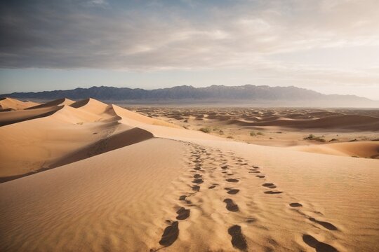 Photo of footprints in the desert sand with majestic mountains in the backdrop