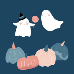 Two cute ghosts, pumpkins, halloween. Template for postcard, banner, post, poster. Vector illustration in flat modern style.