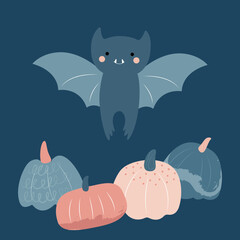 Halloween. Cute bat and pumpkins. Template for postcard, print, banner, poster, textile. Vector illustration in flat modern style.