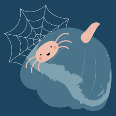 A cute spider is crawling on a pumpkin. Template for postcard, print, banner, poster, textile. Vector illustration in flat modern style.