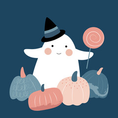 A cute ghost among the pumpkins is holding a candy. Template for postcard, print, banner, poster, textile. Vector illustration in flat modern style.