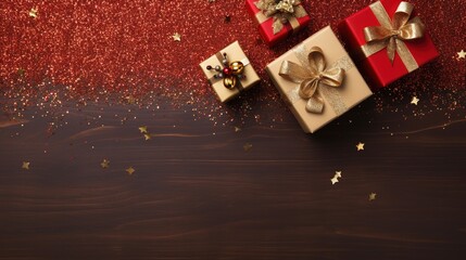 Christmas Concept - Gift Boxes with Bow Ties, fir branches and christmas balls on a dark wooden table. Banner emty space for text and design. 