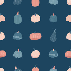 Seamless pattern with pumpkins on a blue background. Happy Halloween concept. Vector illustration in modern flat style.