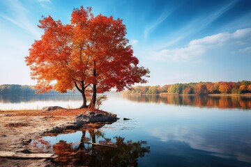 Herbstliche Landschaft mit einem großen Baum am See.  Wasser mit Spiegelung im Herbst.