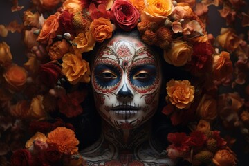 Dia de los muertos. Day of The Dead. Woman with sugar skull makeup on a floral background.
