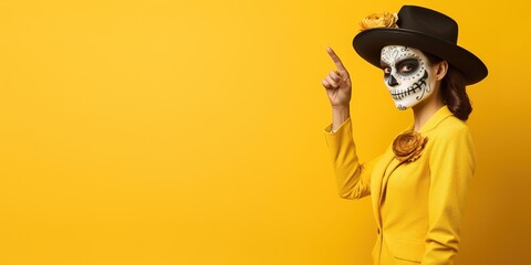 Woman with Colorful Face Tattoos for Dia de los Muertos points finger Banner with Copy Space for Text or Design on yellow background. Day of the Dead or Halloween with skull makeup.