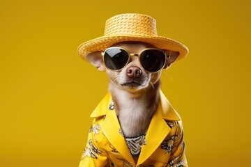 Lustiger Hund mit Sonnenbrille und Strohhut. Hund im Urlaub in der Sonne.  - obrazy, fototapety, plakaty
