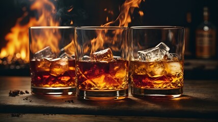 Photo of three glasses of whiskey with a fiery backdrop