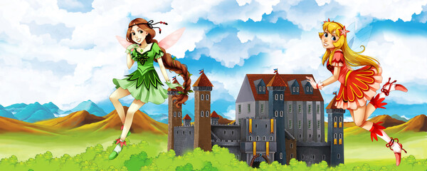 Obraz na płótnie Canvas Cartoon nature scene with beautiful castle near the forest - illustration for the children