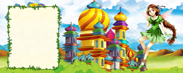 Naklejka premium Cartoon nature scene with beautiful castle near the forest with frame for text - title page - illustration for the children