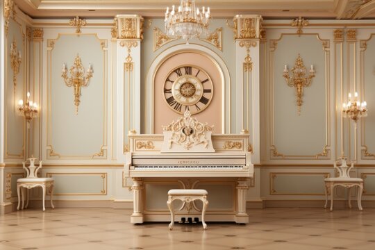 A room with a piano and a clock on the wall. Generative AI image.