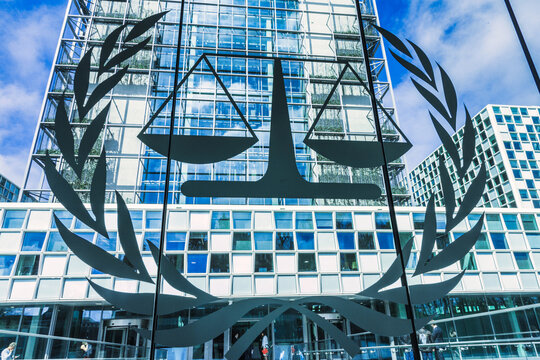 The Hague, Netherlands - april 19 2016: the logo of the ICC international criminal court at the entrance infront of the building itself.