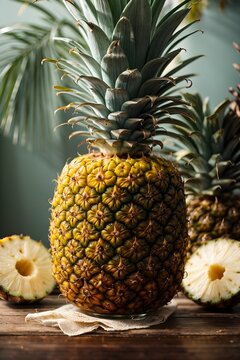 Photo of a fresh pineapple sitting on a rustic wooden table