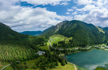 Fototapeta na wymiar Aerial view, Spitzingsee, place Spitzingsee, Mangfall Mountains, drone recording, Upper Bavaria, Bavaria, Germany,