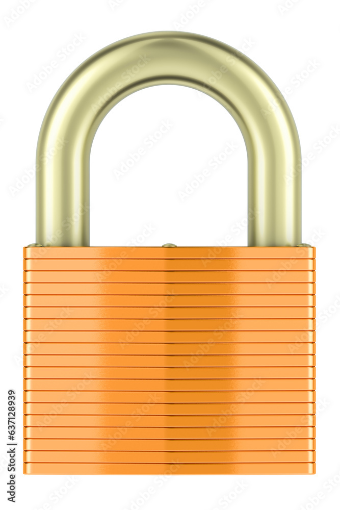 Poster golden padlock, front view. 3d rendering isolated on transparent background