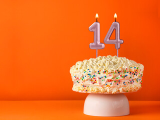 Birthday card with candle number 14 - Vanilla cake in orange background