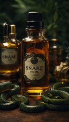 Photo of a bottle of snake oil on a table - obrazy, fototapety, plakaty