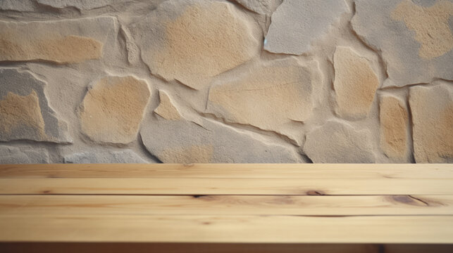 Wooden table and blurred wall in in a background, product display, ai generative
