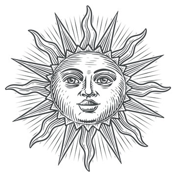 Boho sun with face. Astrology, solar symbol. Esoteric and occult magic sign. Engraving vintage vector illustration