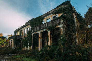 Fototapeta na wymiar Overgrown by plants old abandoned building