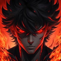 Inferno's Gaze: A black red shadow male with flames, Generative AI