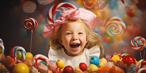 illustration of a little girl is laughing along with many candies, generative AI