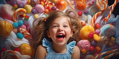 illustration of a little girl is laughing along with many candies, generative AI